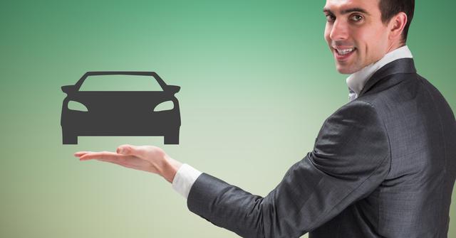 Digital composite image of businessman pretending to hold a vector car sign