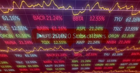 Neon stock market ticker wall displaying real-time percentages and yellow trend lines
