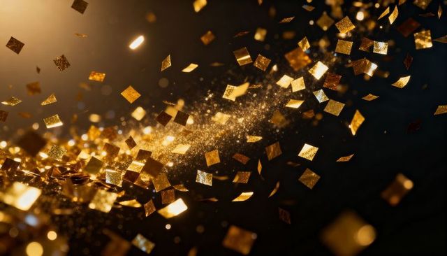 Shimmering gold confetti swirl with glitter dust, bokeh glow, festive luxury backdrop