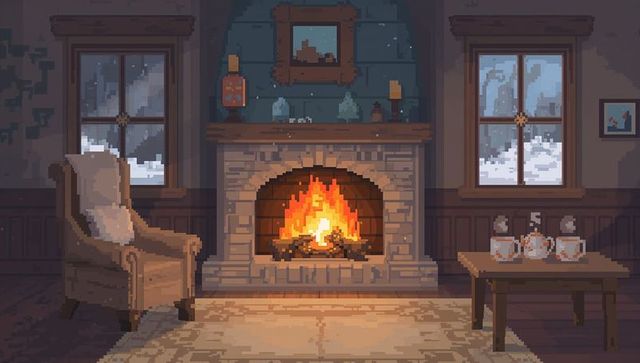 Cozy pixel-art fireplace in rustic snow cabin with roaring fire and steaming mugs