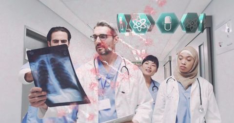 Medical team analyzing chest x-ray united in patient care