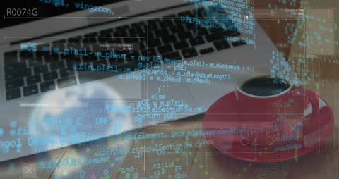 Financial Data Processing Overlay on Laptop Background