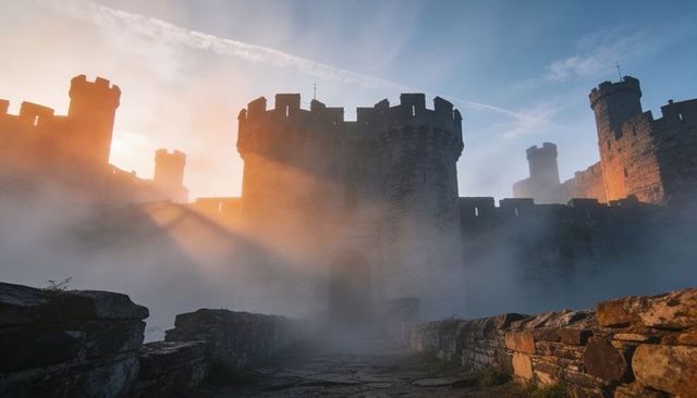 Mist-shrouded medieval castle at dawn casting golden light and dramatic tower silhouettes