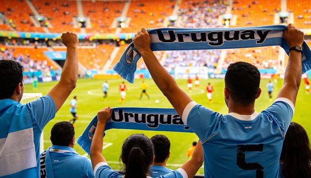Uruguay fans celebrating with sky blue scarves in stadium during soccer match