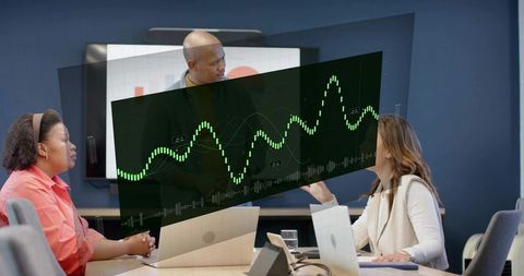 Team collaborating over interactive analytics display showing green waveform and dashboards