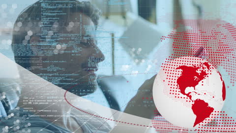 Man Using Smartphone with Data Processing and Globe Overlay