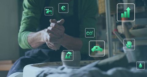 Artisan pottery making amidst eco-friendly digital icons