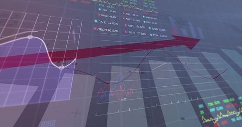 Upward trending arrow on virtual financial dashboard background