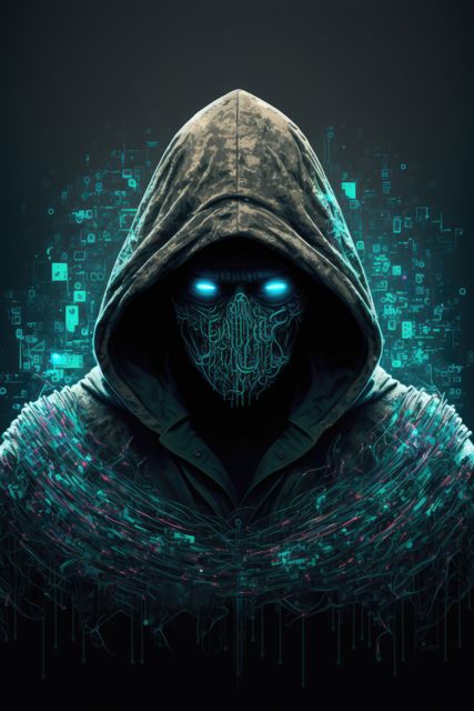 A mysterious hooded figure with a glowing digital mask and bright blue eyes stands against a dark background filled with digital symbols and circuits. Perfect for use in articles, designs, or content related to cyber security, hacking, science fiction, and futuristic themes.