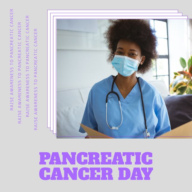 Composition of pancreatic cancer day text with african american female doctor on grey background. Pancreatic cancer day and celebration concept digitally generated image.