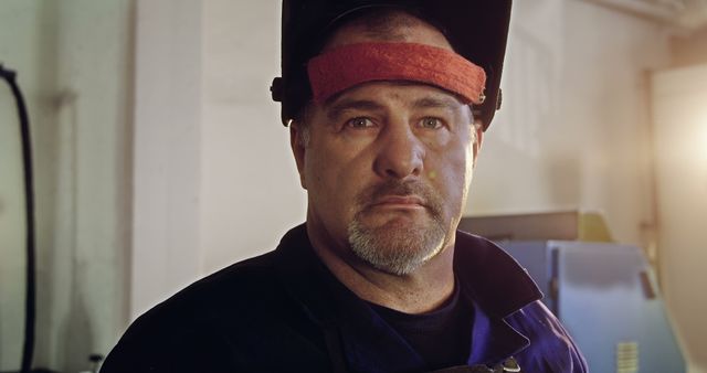 Portrait of Middle-Aged Male Welder in Workshop with Helmet Raised - Download Free Stock Images Pikwizard.com