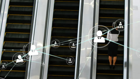 Business Professional on Escalator with Digital Network Overlay