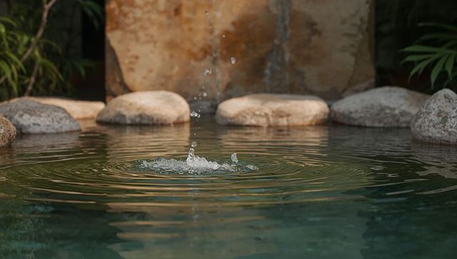 Central water droplet creating concentric ripples in tranquil garden pond with stone border