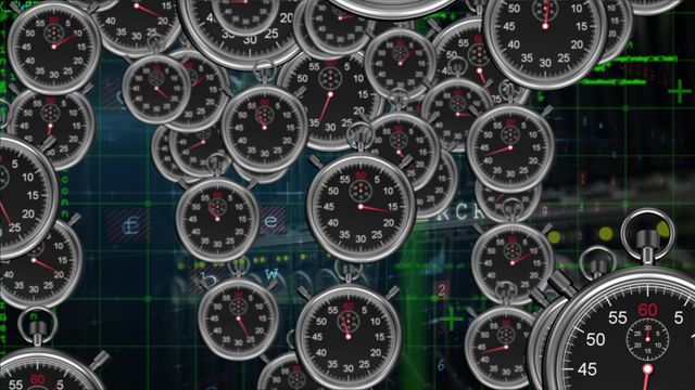 Video depicts multiple stopwatches overlaying a digital data interface, representing concepts such as time management, efficiency, and data processing. Ideal for use in business, finance, and technology-related projects to emphasize time-sensitive processes and digital workflow optimization.