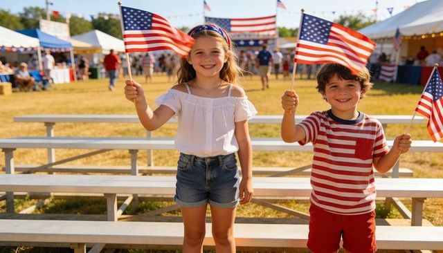 Children waving american flags on bleachers at summer fair celebrating fourth of july