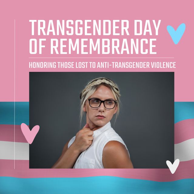 Composite of transgender day of remembrance text over caucasian woman and transgender pride flag. Transgender day of remembrance and celebration concept digitally generated image.