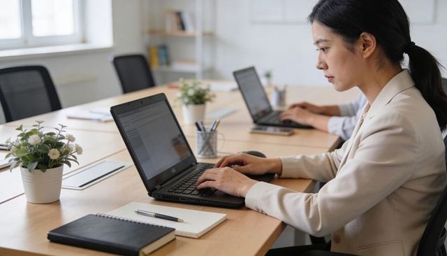 Focused professional woman typing on laptop at shared coworking desk in modern office