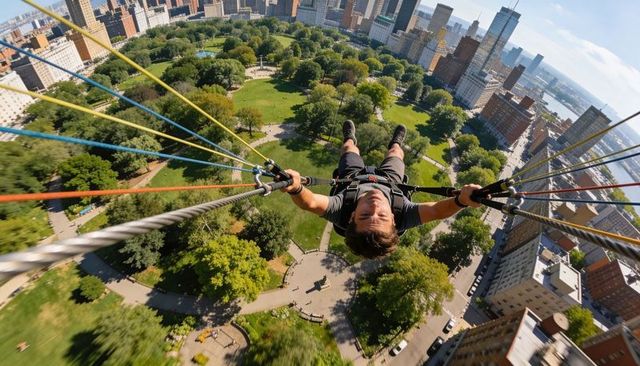 Rooftop adventure swinging high over urban park with harness and colorful safety ropes