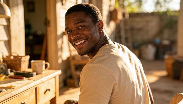 Smiling man looking back over shoulder in sunlit rustic workshop with tools and mug