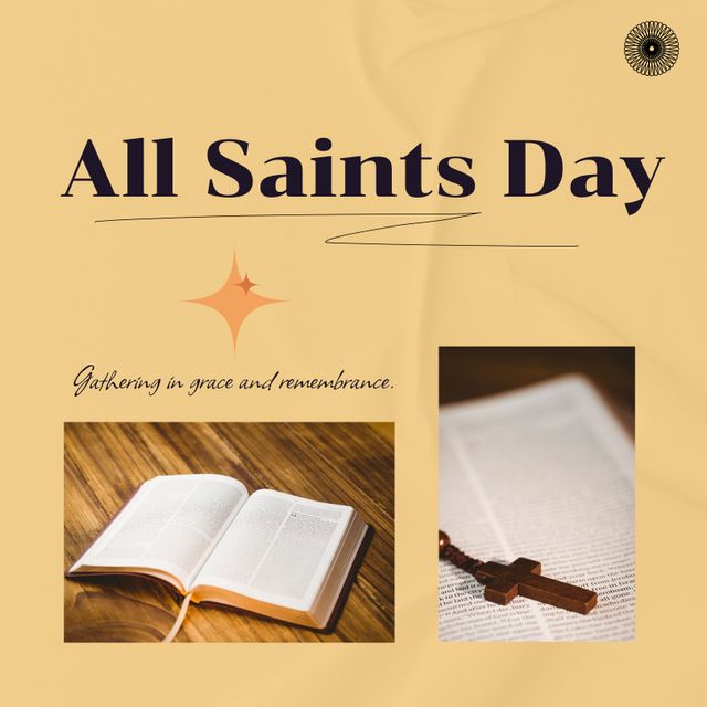 This collage showcases powerful symbols of All Saints Day, featuring an open Bible and a wooden cross on a Bible. Ideal for use in religious publications, social media posts, church newsletters, or as part of a faith-based blog discussing All Saints Day rituals and celebrations.