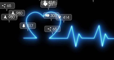 Neon blue heart and ecg waveform with social media notifications