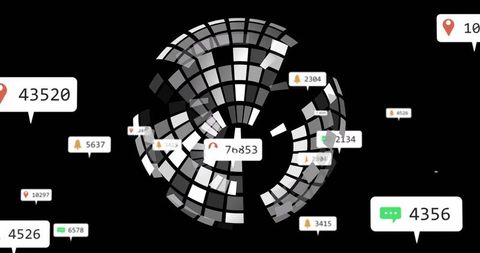 Digital circular data mosaic displaying floating notification callouts and analytics