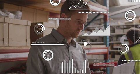 Warehouse Manager Checking Tablet with AR Dashboard and Inventory Analytics Overlay