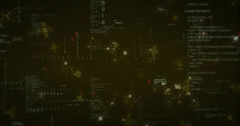 Futuristic network interface display with binary and hexagon nodes