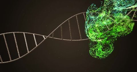Abstract DNA Strand with Digital Green Molecules