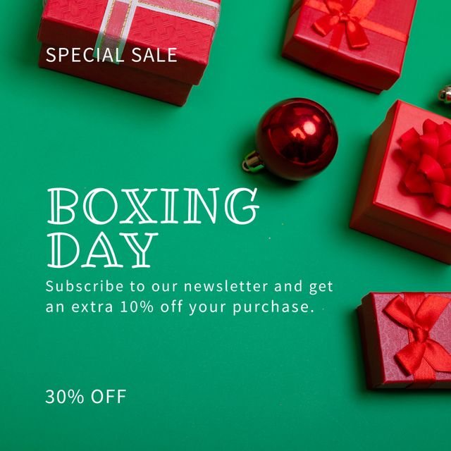 Composition of boxing day sales text over christmas decorations on green background. Christmas, boxing day, sales, festivity, celebration and tradition concept digitally.