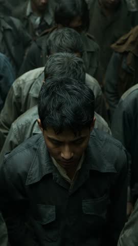 Vertical video of workers standing in line bowing heads in worn uniforms, somber tone