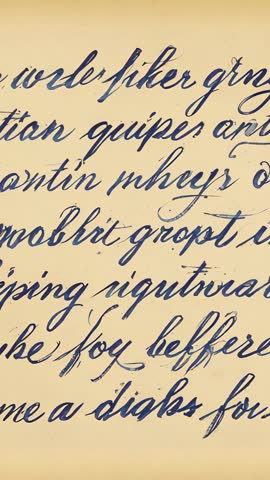 Vertical video revealing aged parchment with flowing ink cursive calligraphy vintage charm