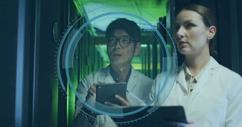 IT Technicians Analyzing 3D Interface in Futuristic Data Center