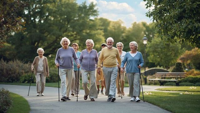 Seniors walking with Nordic poles in park, enjoying active social outdoor lifestyle