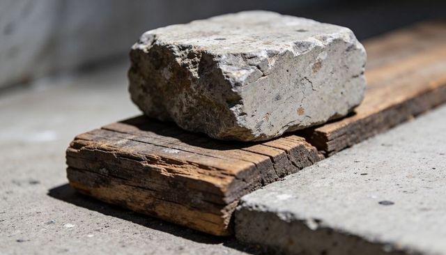 Rough concrete block resting on weathered wooden planks at curb with strong shadow