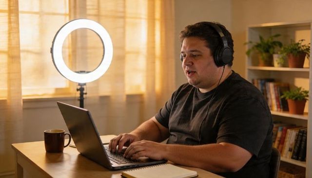 Content Creator Recording Podcast at Home Desk with Ring Light, Laptop, Headphones