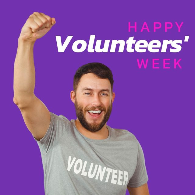 Digital composite image of happy volunteers week text by caucasian man cheering on purple background. altruism and relief work concept.