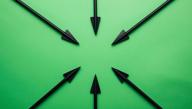 Black Arrows Converging on Vibrant Green Background