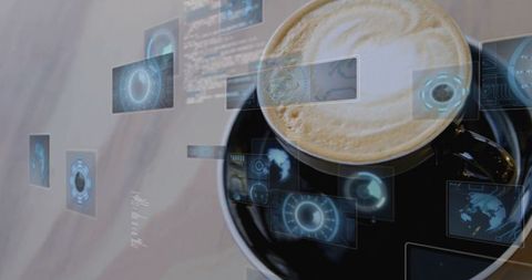 Futuristic tech holograms hovering over coffee cup