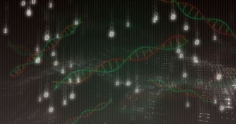 Flowing DNA helices weaving through neon binary grid, biotech data visualization