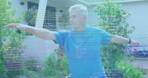 Senior Man Practicing Yoga Outdoors with Code Overlay