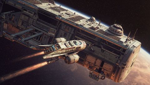 Crew shuttle approaching cargo freighter in low orbit with orange engine plumes and starfield