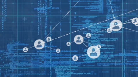 Digital Network Connections with Data Overlay on Blue Grid