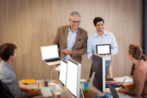 Transparent Business Presentation with Laptop and Tablet in Office