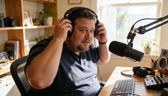 Podcast host preparing to record in sunlit home studio with broadcast microphone