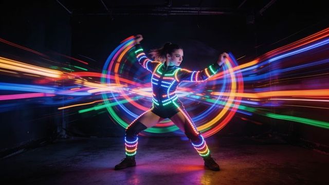 Female dancer spinning led poi creating vibrant neon light trails in dark studio