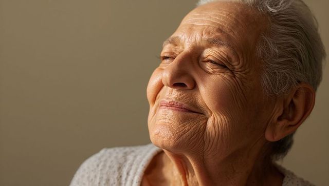 Smiling senior woman tilting face toward warm soft light, serene close-up portrait
