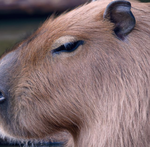 Detailed close-up of a capybara's face emphasizing texture of fur and eye region. Perfect for educational materials, wildlife articles, animal blogs, nature documentaries, and children's books on animals.