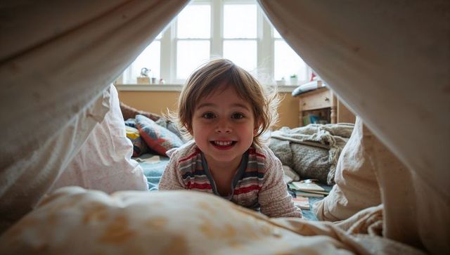 Child relaxing in homemade sheet fort filled with cushions