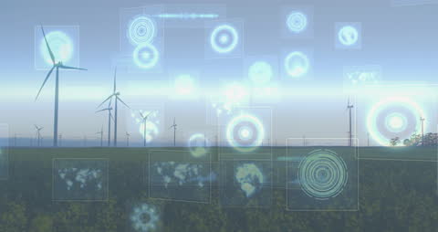 Futuristic Digital Interface with Wind Turbines